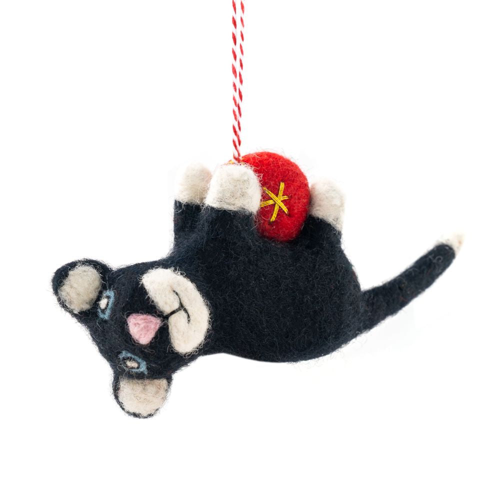 Felt Black cat-shaped ornament with a red bell on a white background - Christmas Decorations - Black Cat Bella