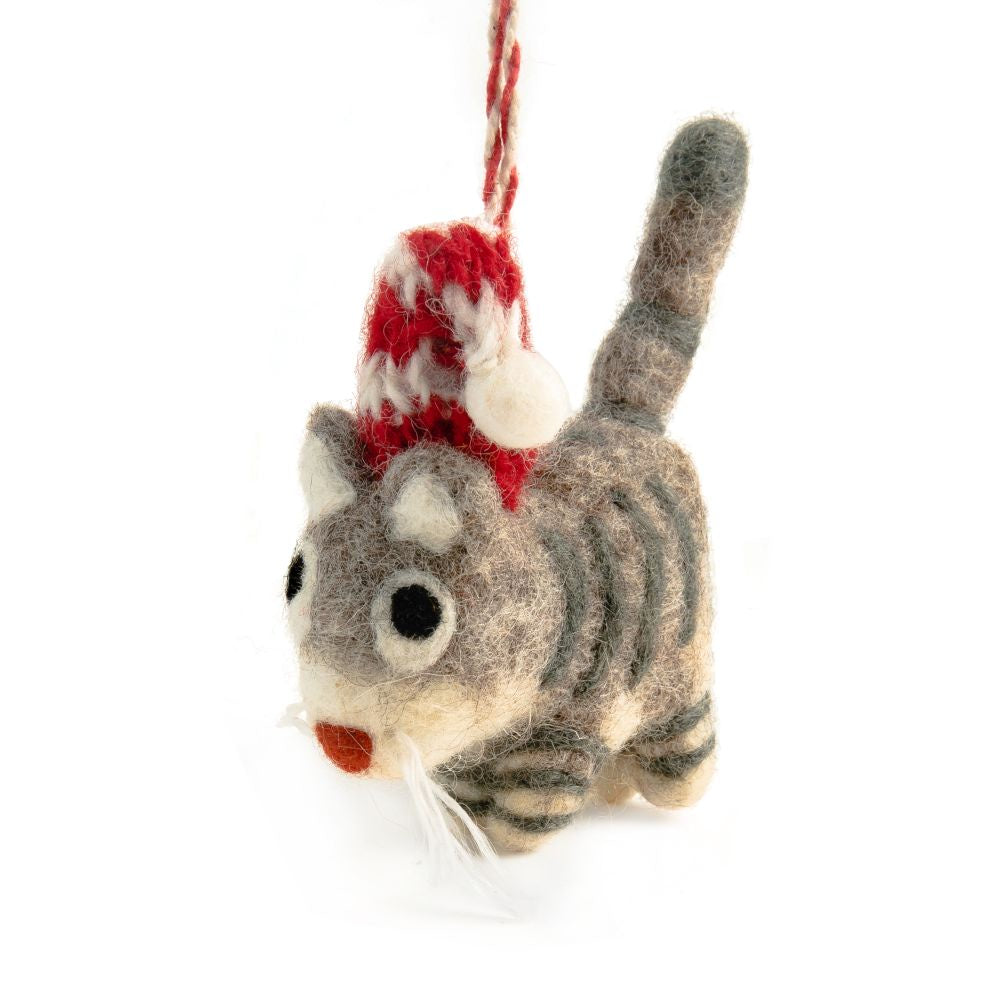 Felt cat with a red and white striped hat - Christmas Decorations - Cat Clair