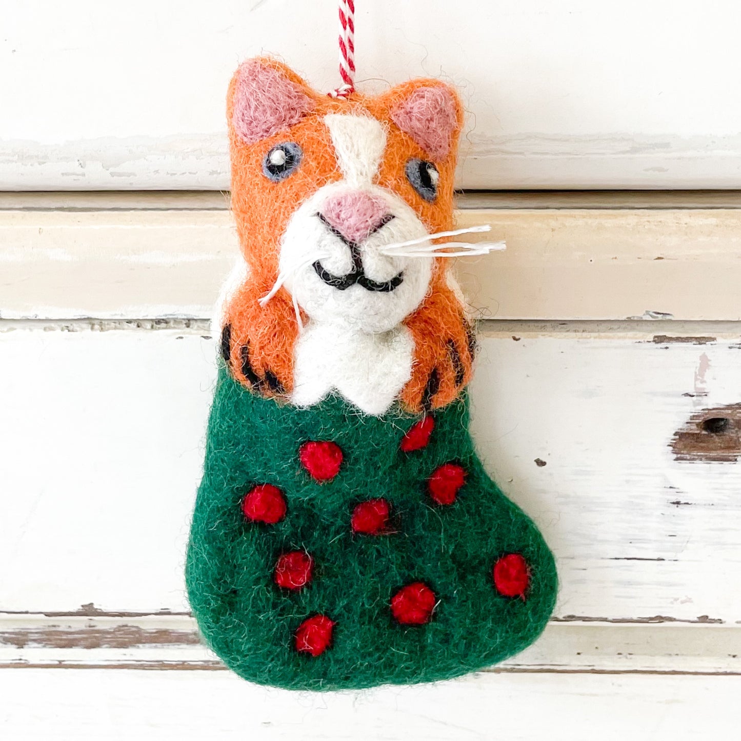 Felted cat ornament with green stocking Christmas Decorations - Ginger Tom Stocking