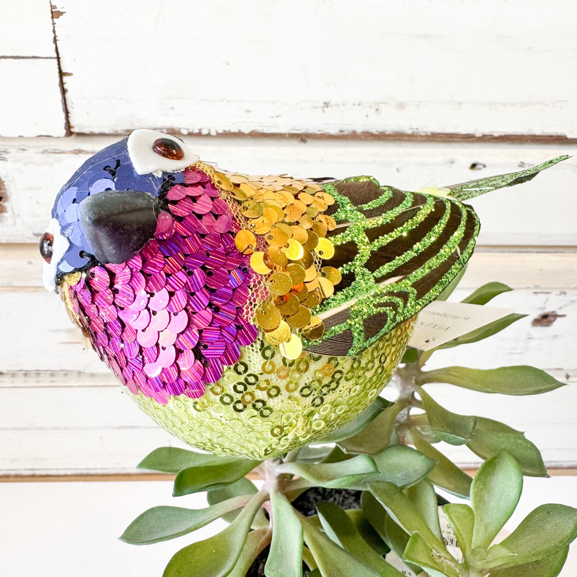 Colorful sequined bird decoration on a plant -Christmas Decorations - Jasper Gold Sequin Bird - Clip On