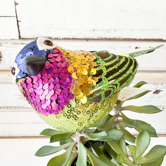 Colorful sequined bird decoration on a plant -Christmas Decorations - Jasper Gold Sequin Bird - Clip On