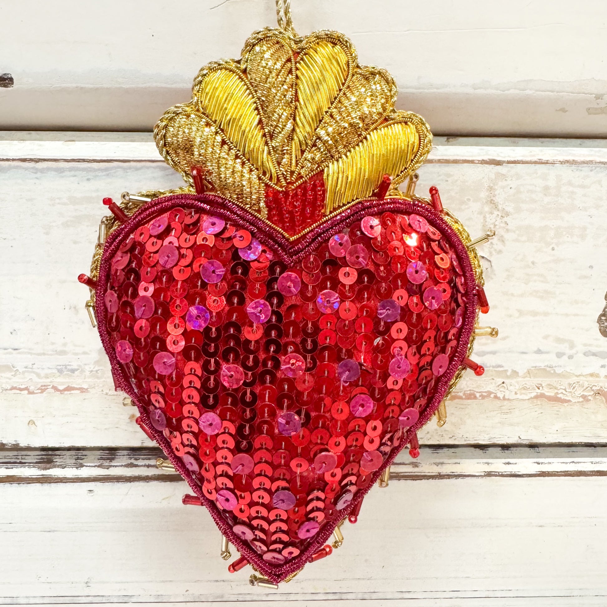 Decorative heart ornament with red sequins and gold top. Christmas Decorations - La Dolce Vita Fuchsia Heart Decoration