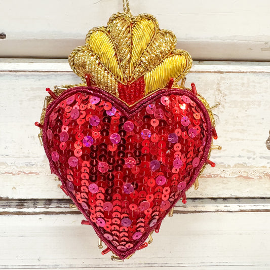 Decorative heart ornament with red sequins and gold top. Christmas Decorations - La Dolce Vita Fuchsia Heart Decoration