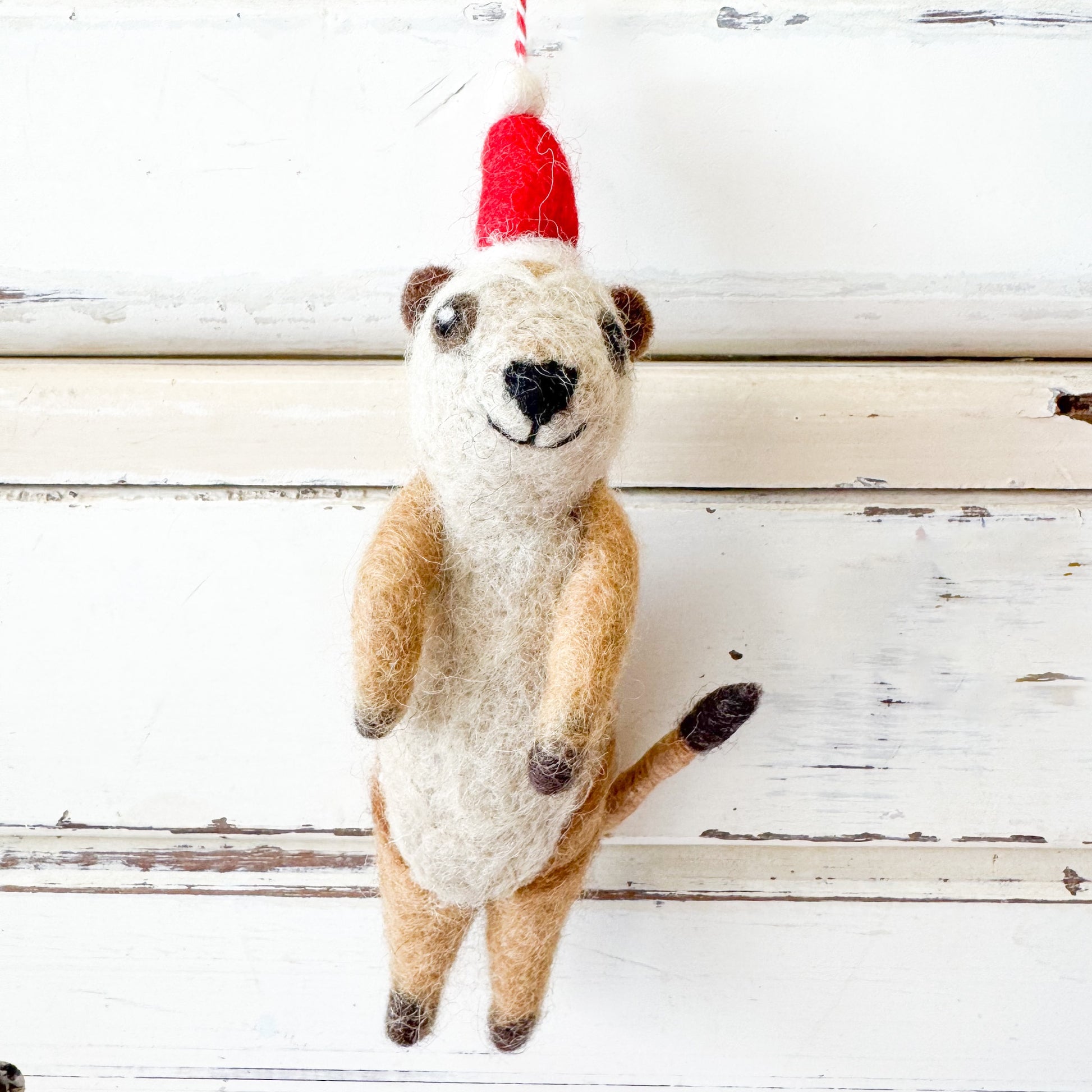 Felted animal ornament meerkat wearing a red and white hat - Christmas Decorations - Meerkat Misha