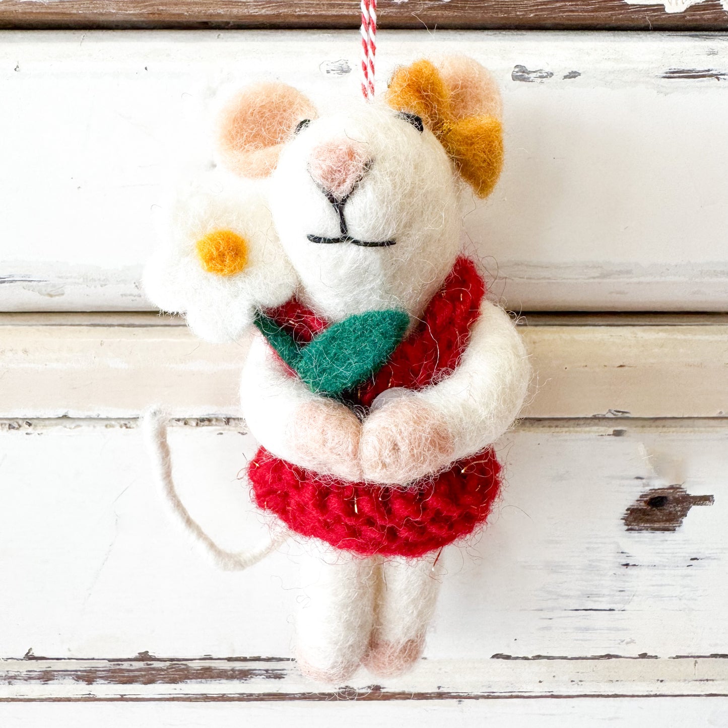Felted mouse ornament wearing a red sweater and green scarf - Christmas Decorations - Mouse Melody
