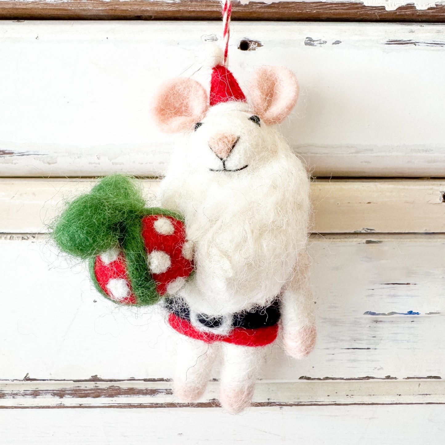 White Santa mouse ornament with red sweater and green pom-pom - Christmas Decorations - Mouse Santa