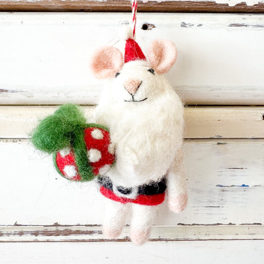 White Santa mouse ornament with red sweater and green pom-pom - Christmas Decorations - Mouse Santa