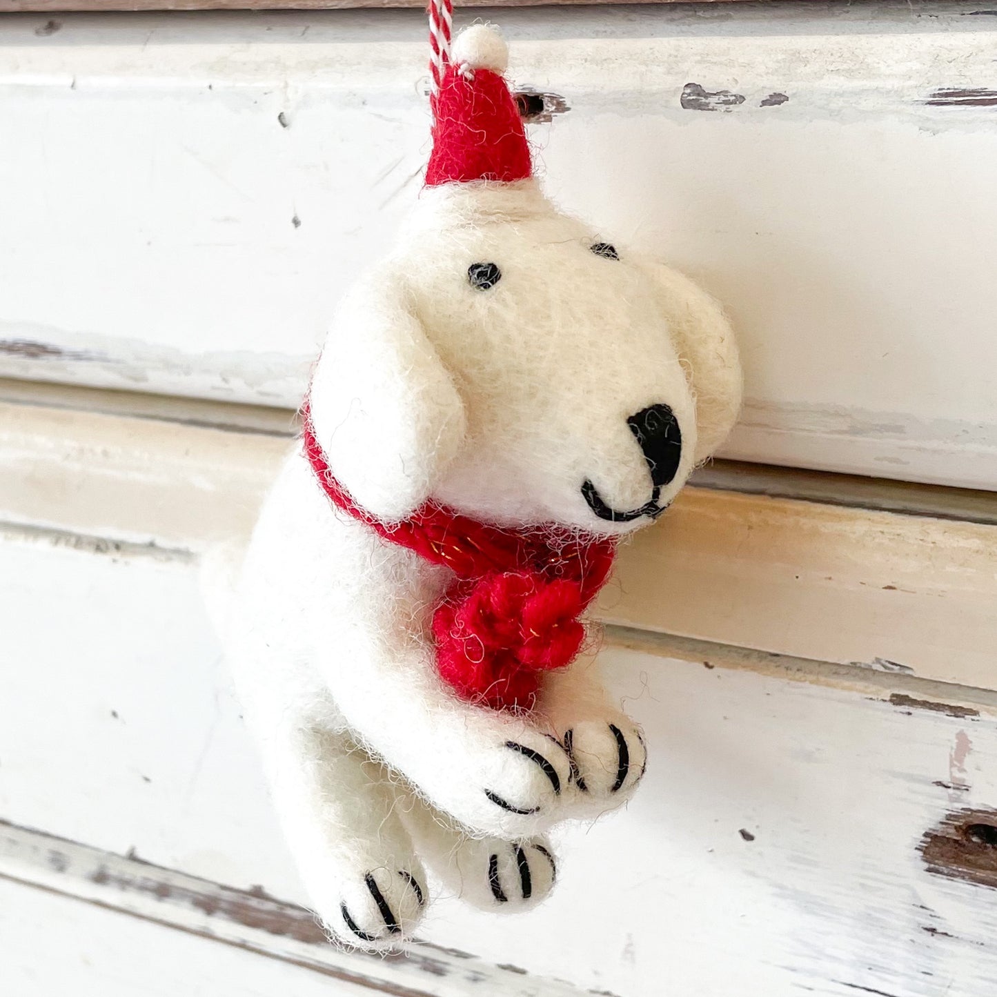 Felt White dog ornament with a red scarf and hat -Christmas Decorations - Snowy Dog