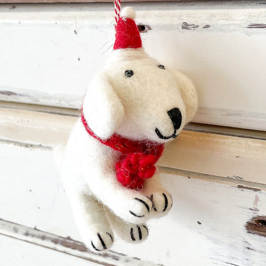 Felt White dog ornament with a red scarf and hat -Christmas Decorations - Snowy Dog