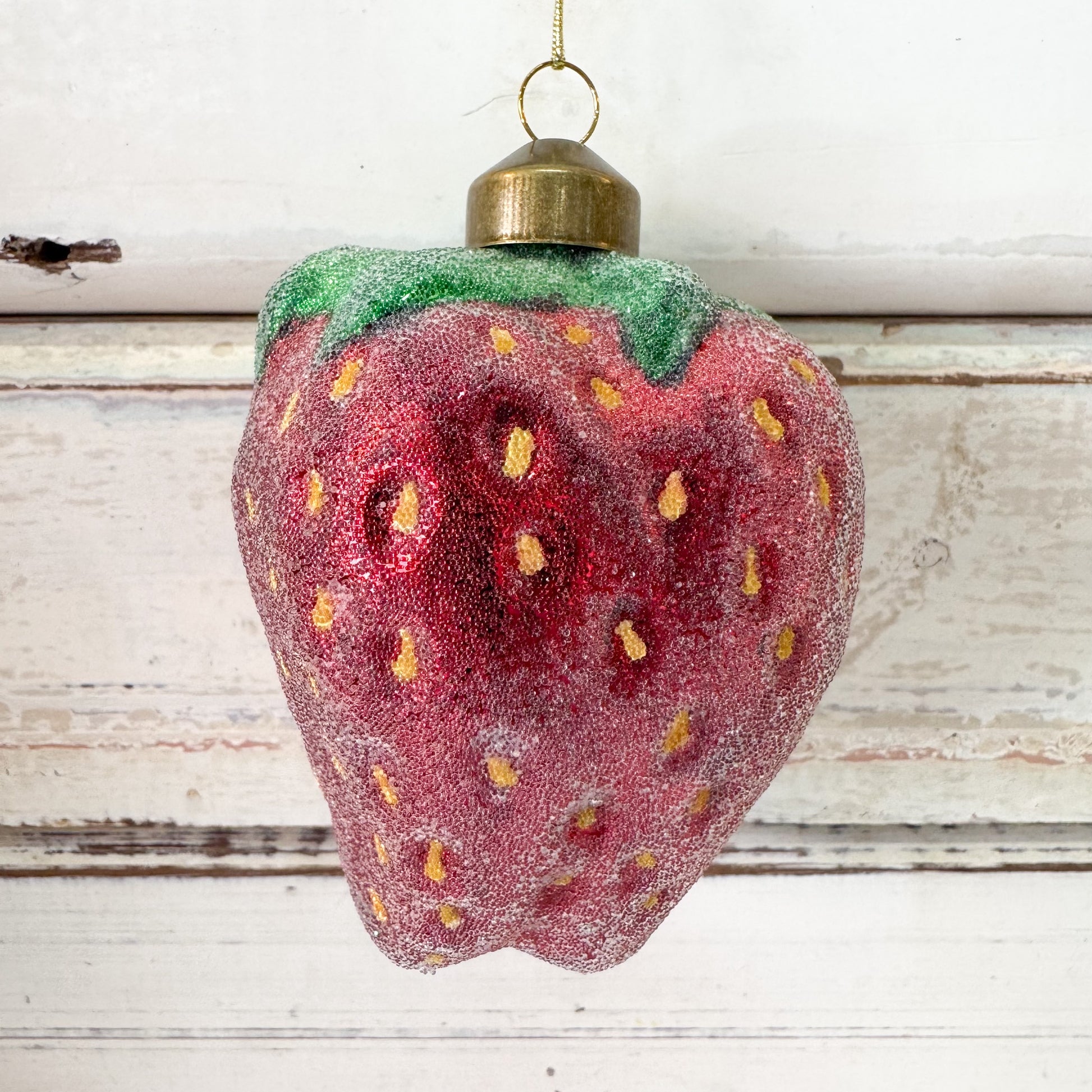 Strawberry-shaped ornament with a gold hook -Christmas Decorations - Sugared Strawberry Decoration