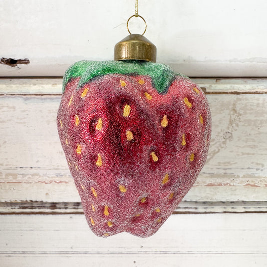 Strawberry-shaped ornament with a gold hook -Christmas Decorations - Sugared Strawberry Decoration