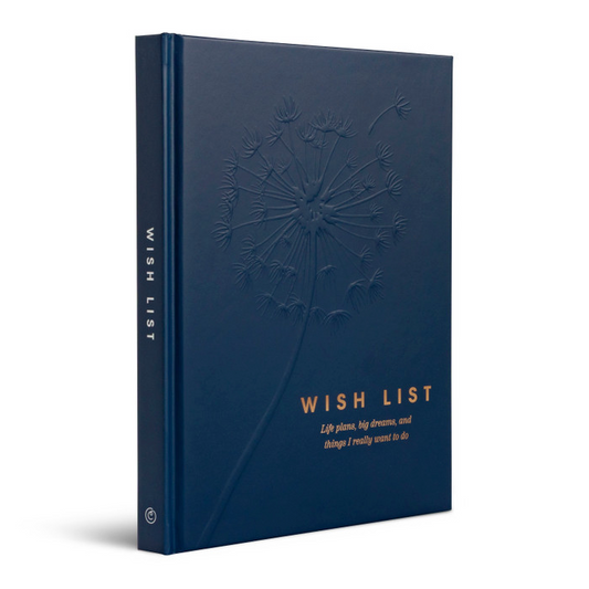 Blue notebook titled 'Wish List' with a dandelion design