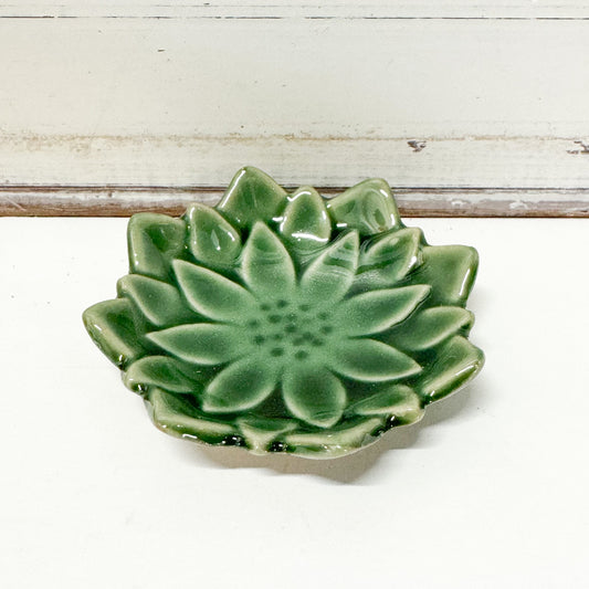 Concept Japan - Dahlia Dish. Green ceramic dish shaped like a flower 