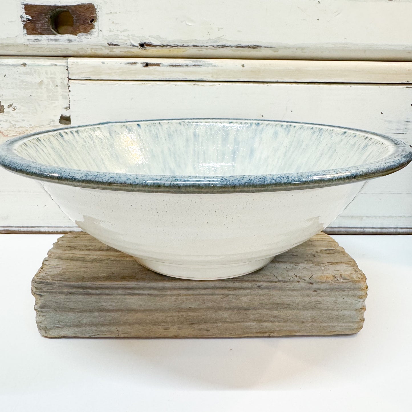 Concept Japan - Spring Waterfall Large Bowl. White ceramic bowl with blue rim and blue speckles.