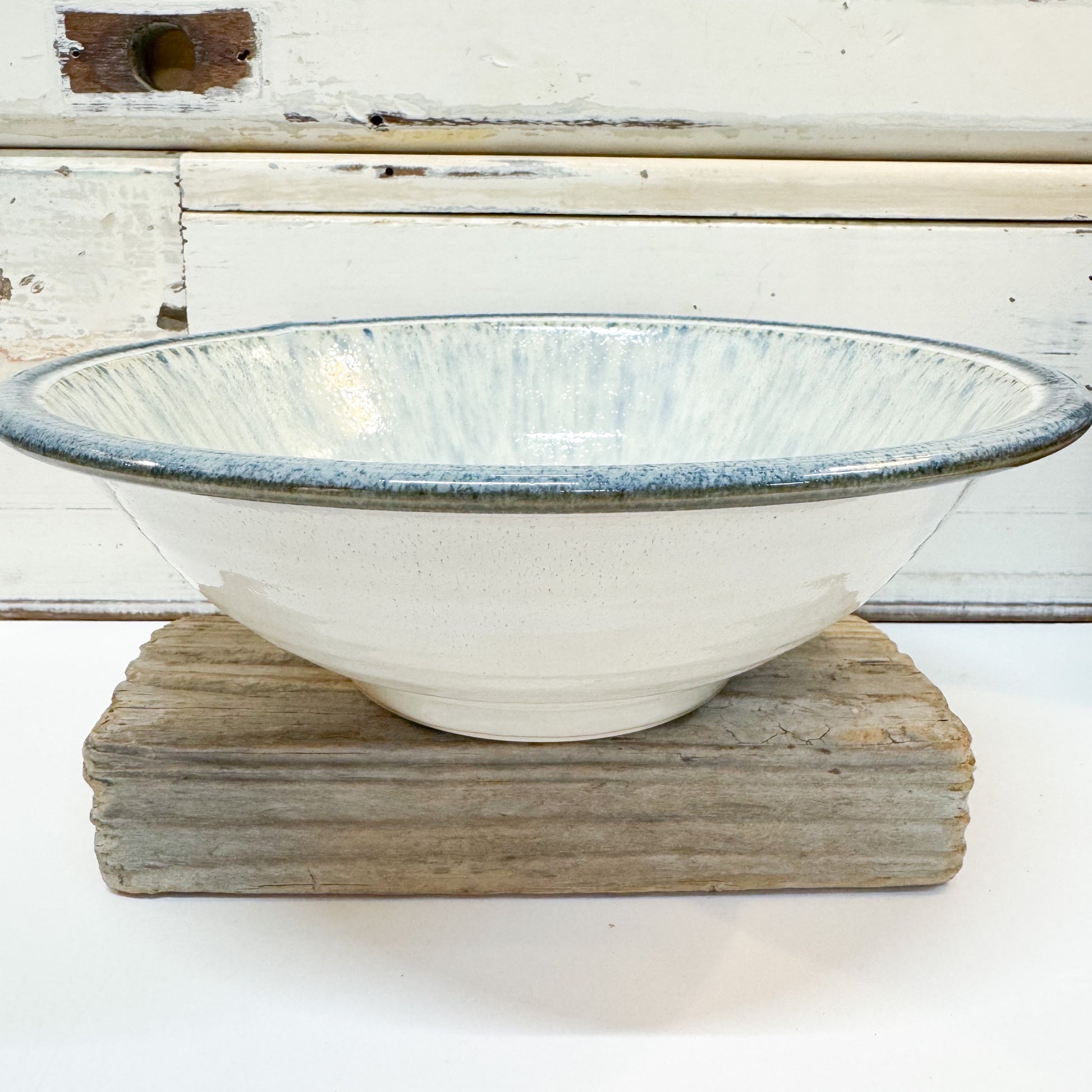 Concept Japan - Spring Waterfall Large Bowl. White ceramic bowl with blue rim and blue speckles.