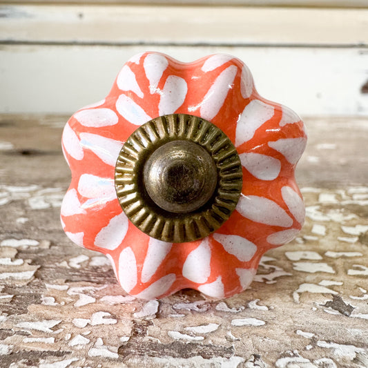Ceramic Doorknob - Orange with white Leaf pattern