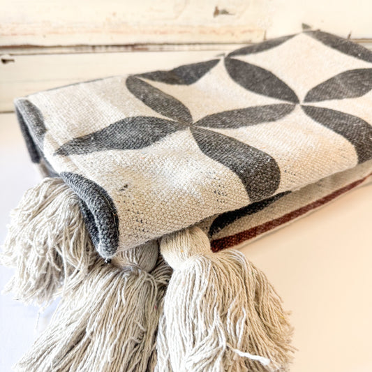 A folded woven throw blanket with a geometric floral pattern in dark gray and cream, featuring thick tassels on one end, set against a rustic white wooden background.