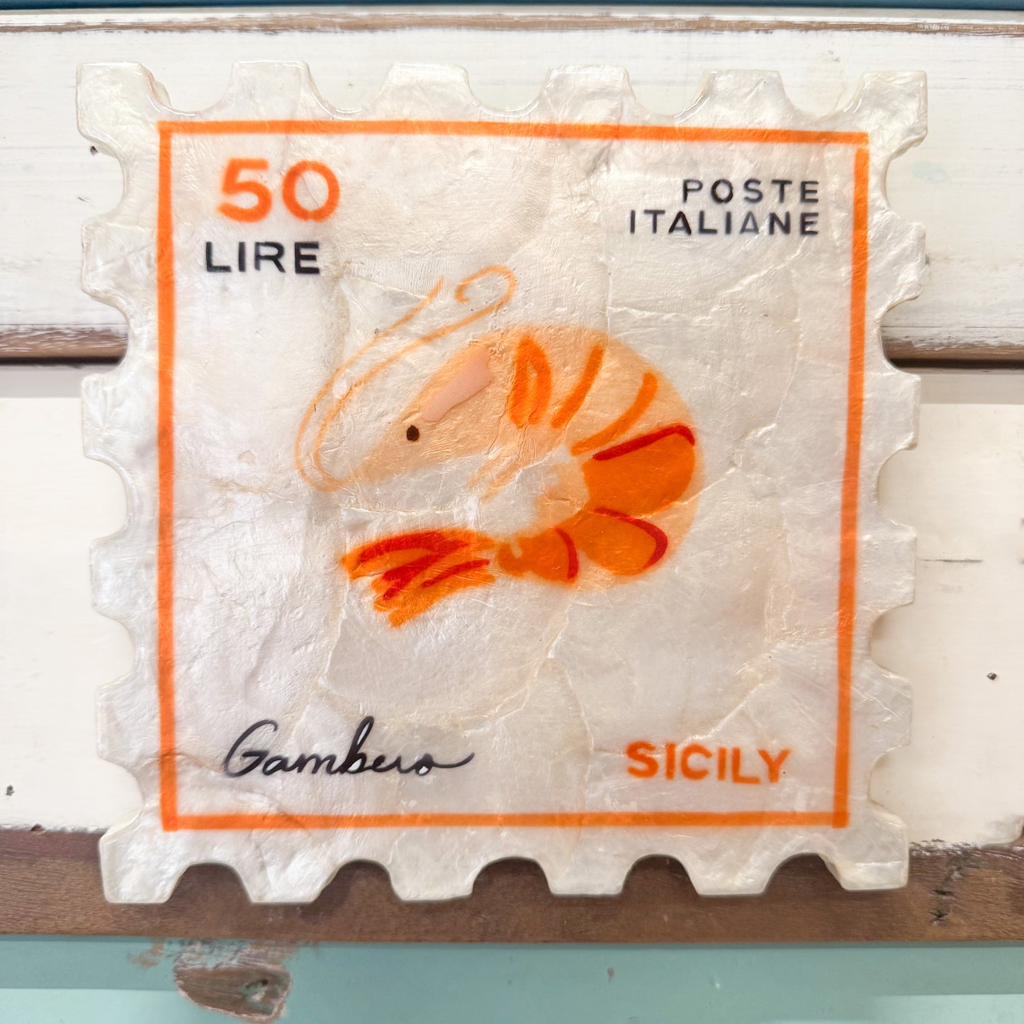 Jones and Co Gambero stamp prawn artwork capiz shell tile