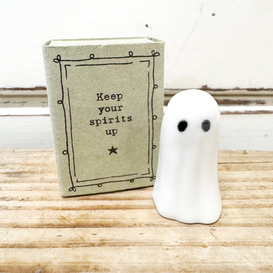 Heaven in Earth - Matchbox Ghost - a porcelain Ghost in a matchbox that reads "Keep your spirits up"
