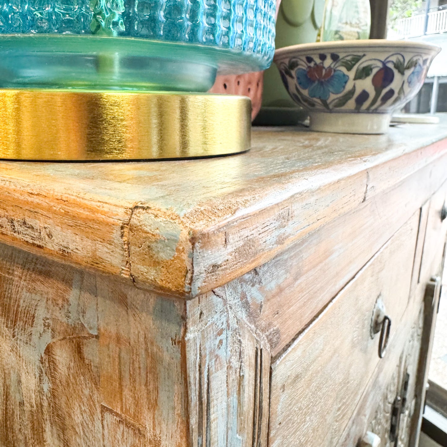 Antique Indian Teak Blue Wash Sideboard