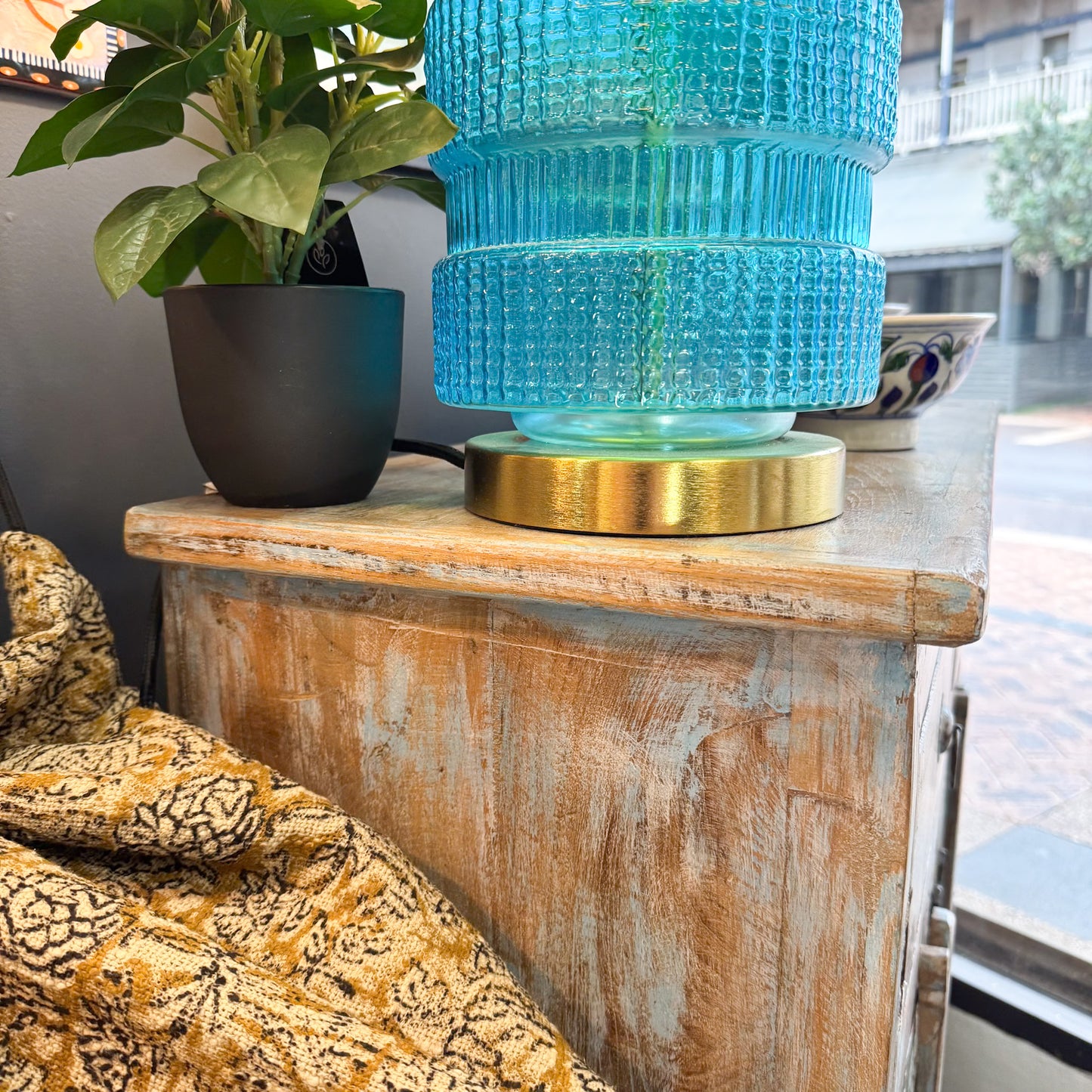 Antique Indian Teak Blue Wash Sideboard