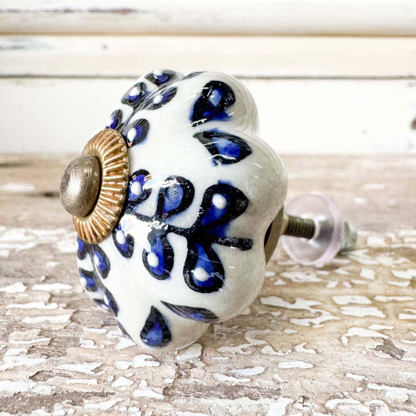 Navy Leaf Ceramic Doorknob