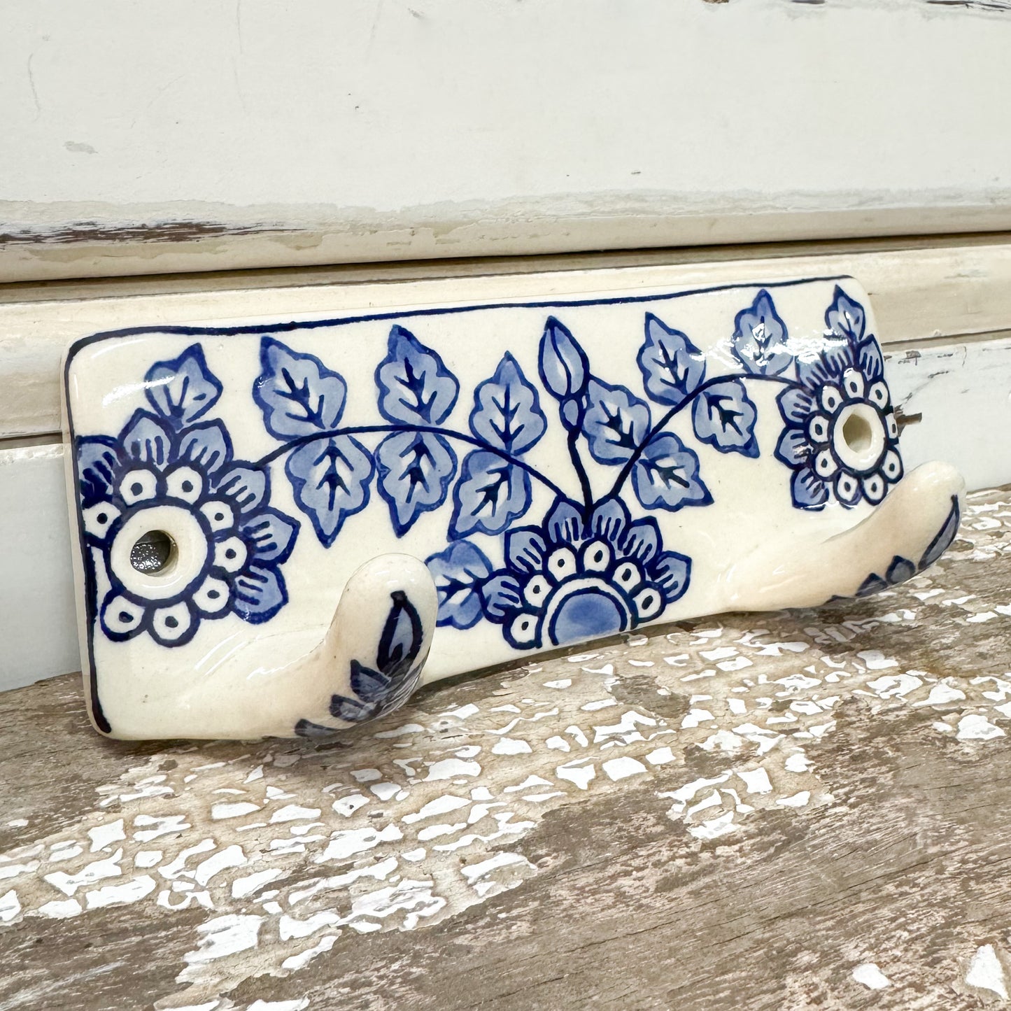 Blue Floral Ceramic Double Hook