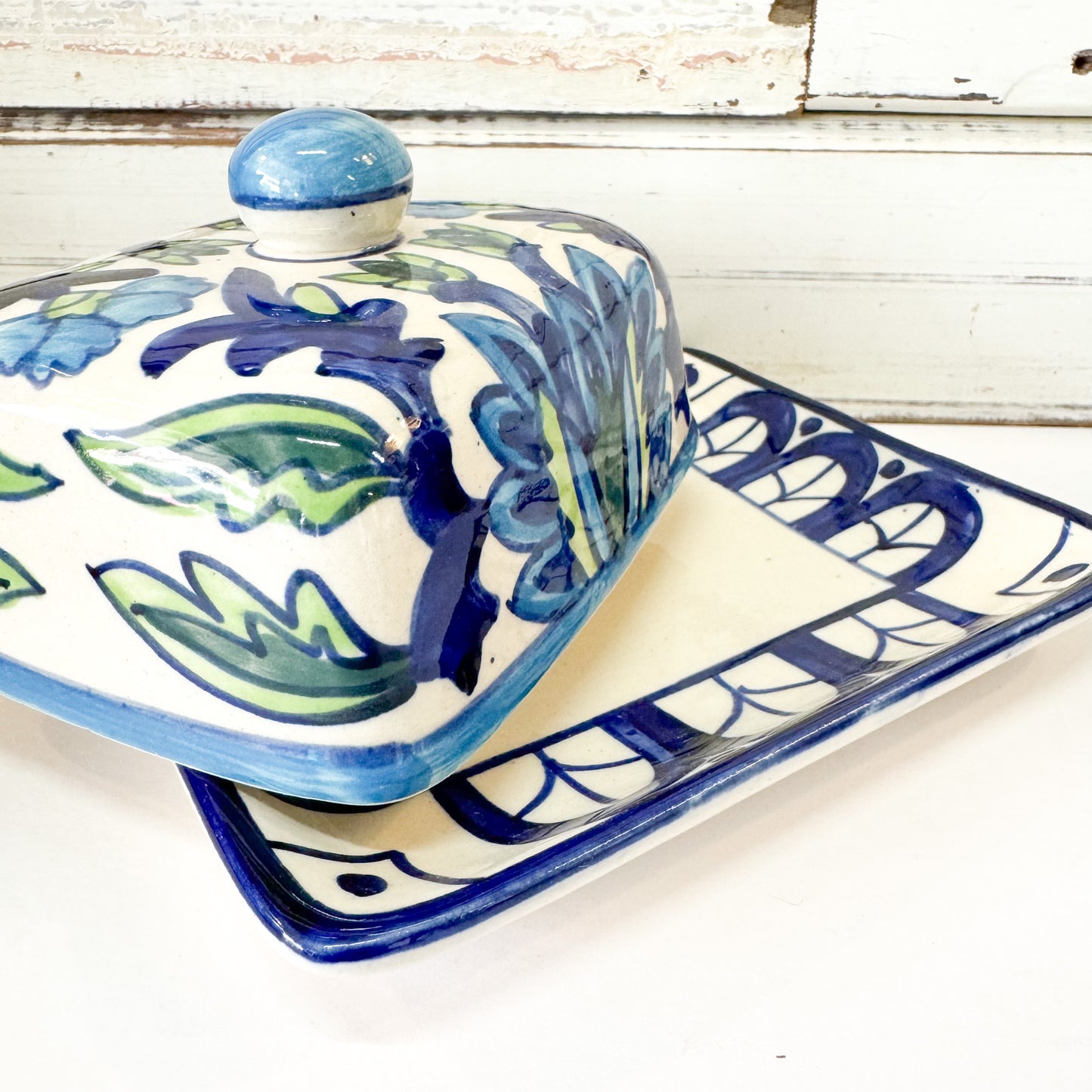 Leafy Blue Butter Dish