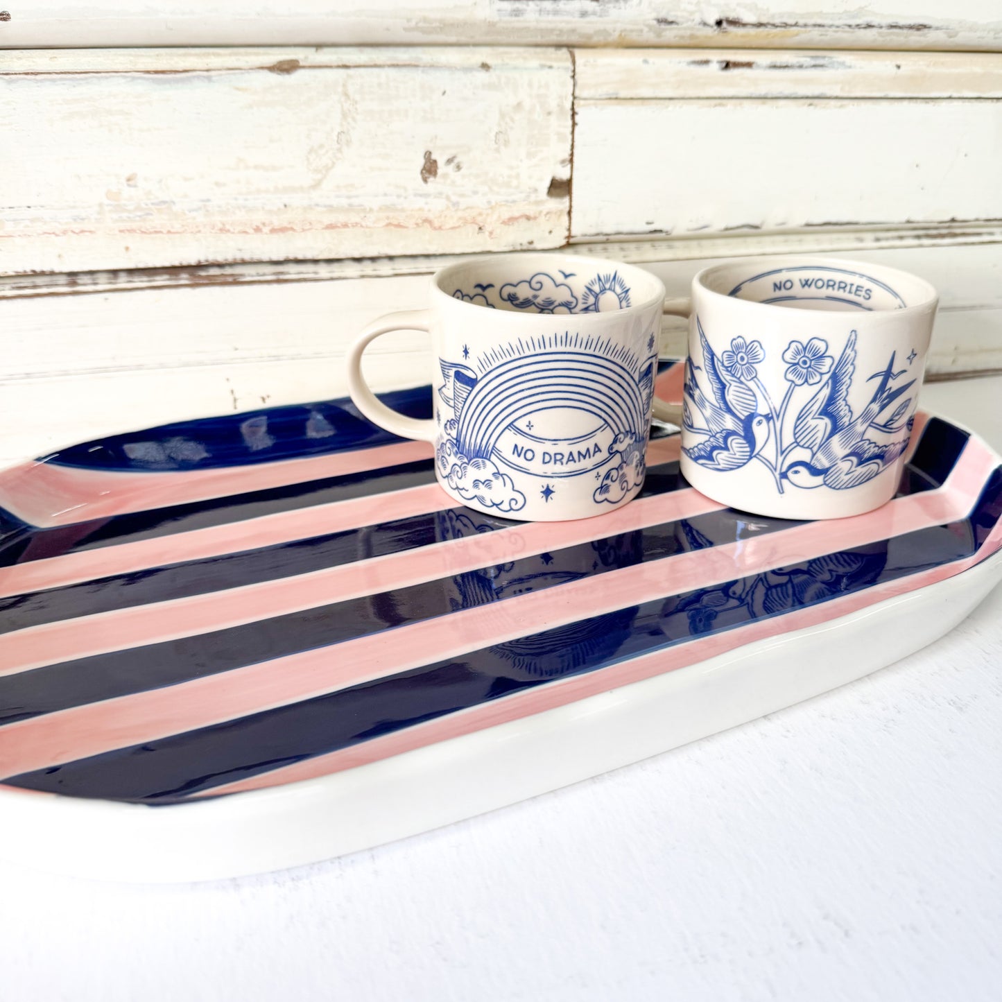 Oval Platter - Pink & Navy Stripes