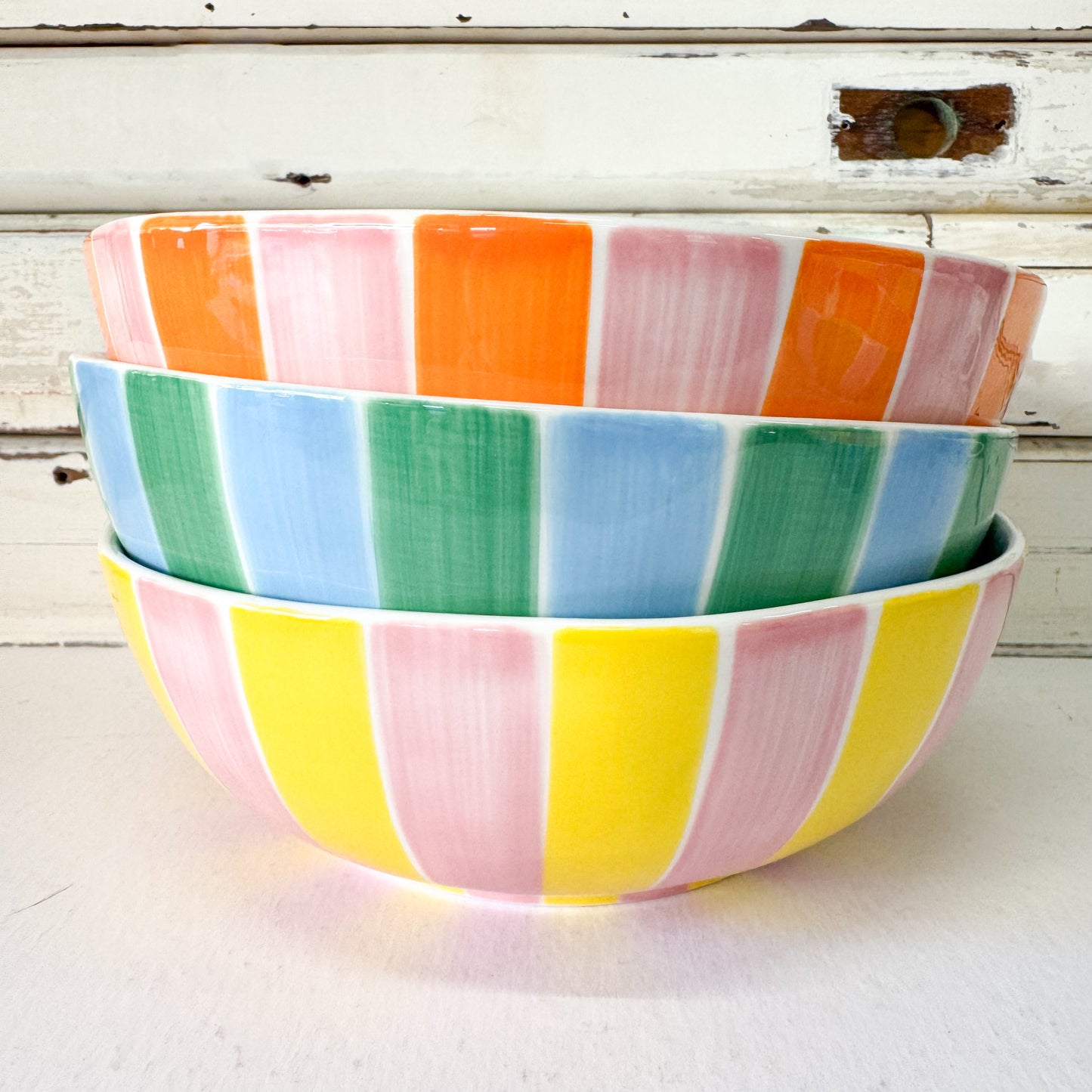 Salad Bowl - Green & Cornflower Blue Stripe