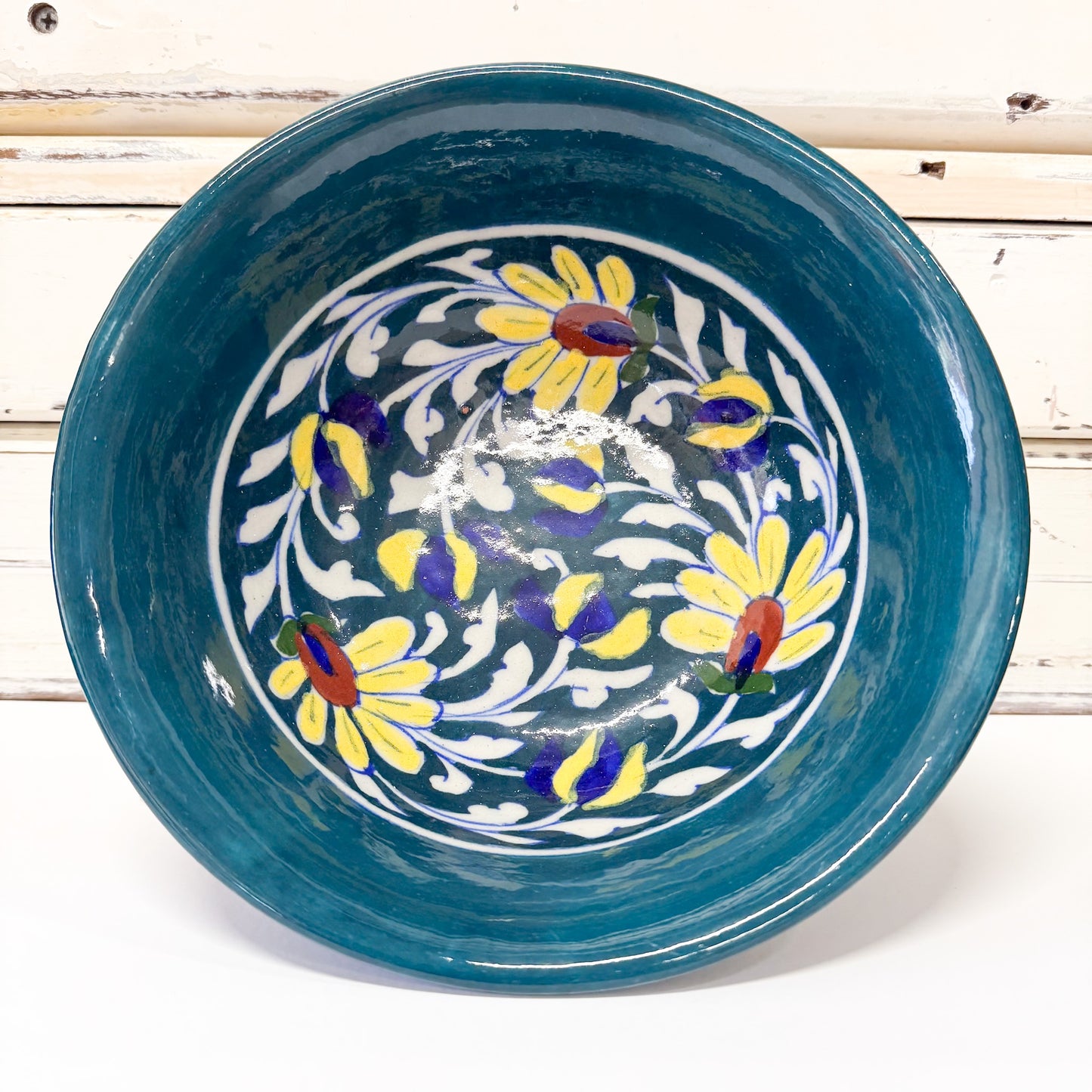 Indian Ceramics - Buttercup Bowl 19cm. Green turquoise ceramic bowl with floral patterns 