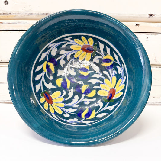 Indian Ceramics - Buttercup Bowl 19cm. Green turquoise ceramic bowl with floral patterns 