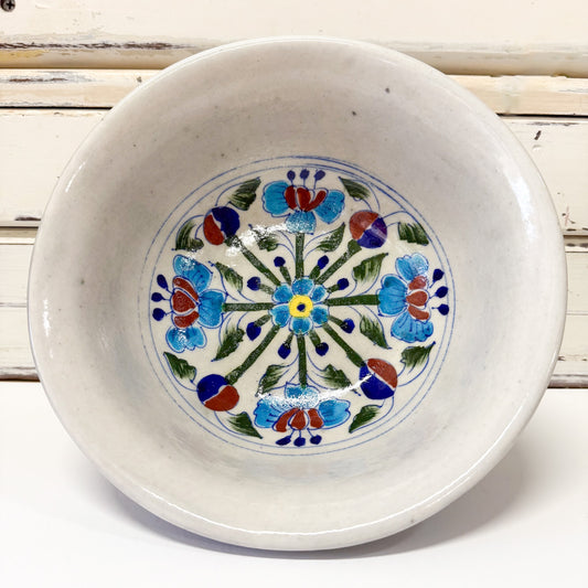 Indian Ceramics - Himalayan Blue Bowl 19cm. Ceramic bowl with floral design on a white background