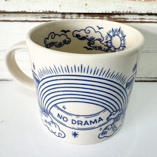 White mug with blue designs and 'No Drama' text on a white background - Inked Mug - No Drama