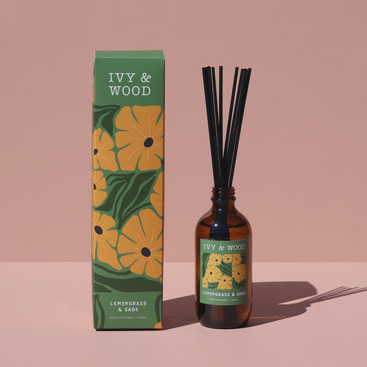 Ivy & Wood lemongrass & sage scented reed diffuser in glass jar