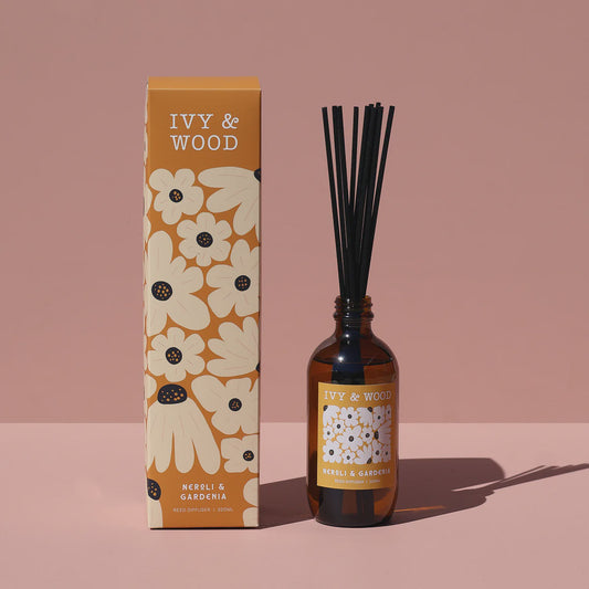 Ivy & Wood neroli and gardenia scented reed diffuser in glass jar- Ivy & Wood - Neroli & Gardenia Reed Diffuser