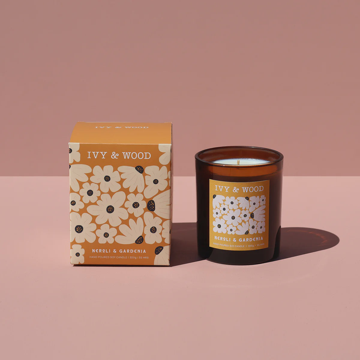 Ivy & Wood neroli & gardenia scented candle in glass jar- Ivy & Wood - Neroli & Gardenia Scented Candle