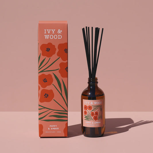 Ivy & Wood poppy and  amber scented reed diffuser in glass jar
