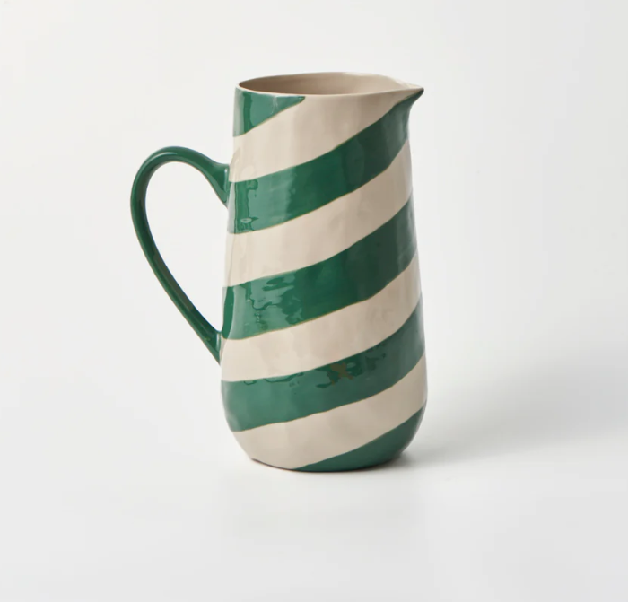 JONES AND CO CERAMIC JUG WITH DIAGONAL GREEN STRIPES