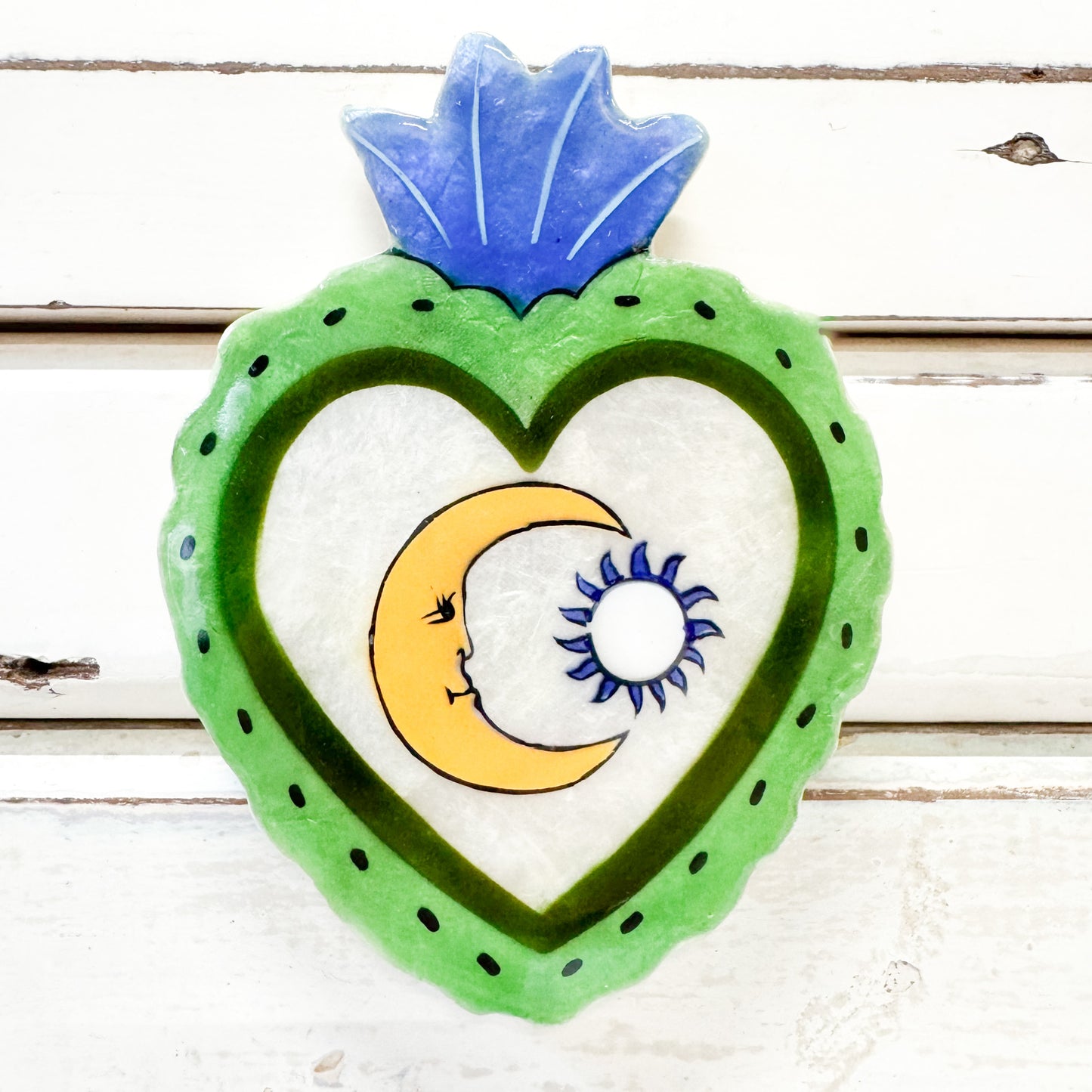 JONES AND CO GREEN HEART SUN MOON ART