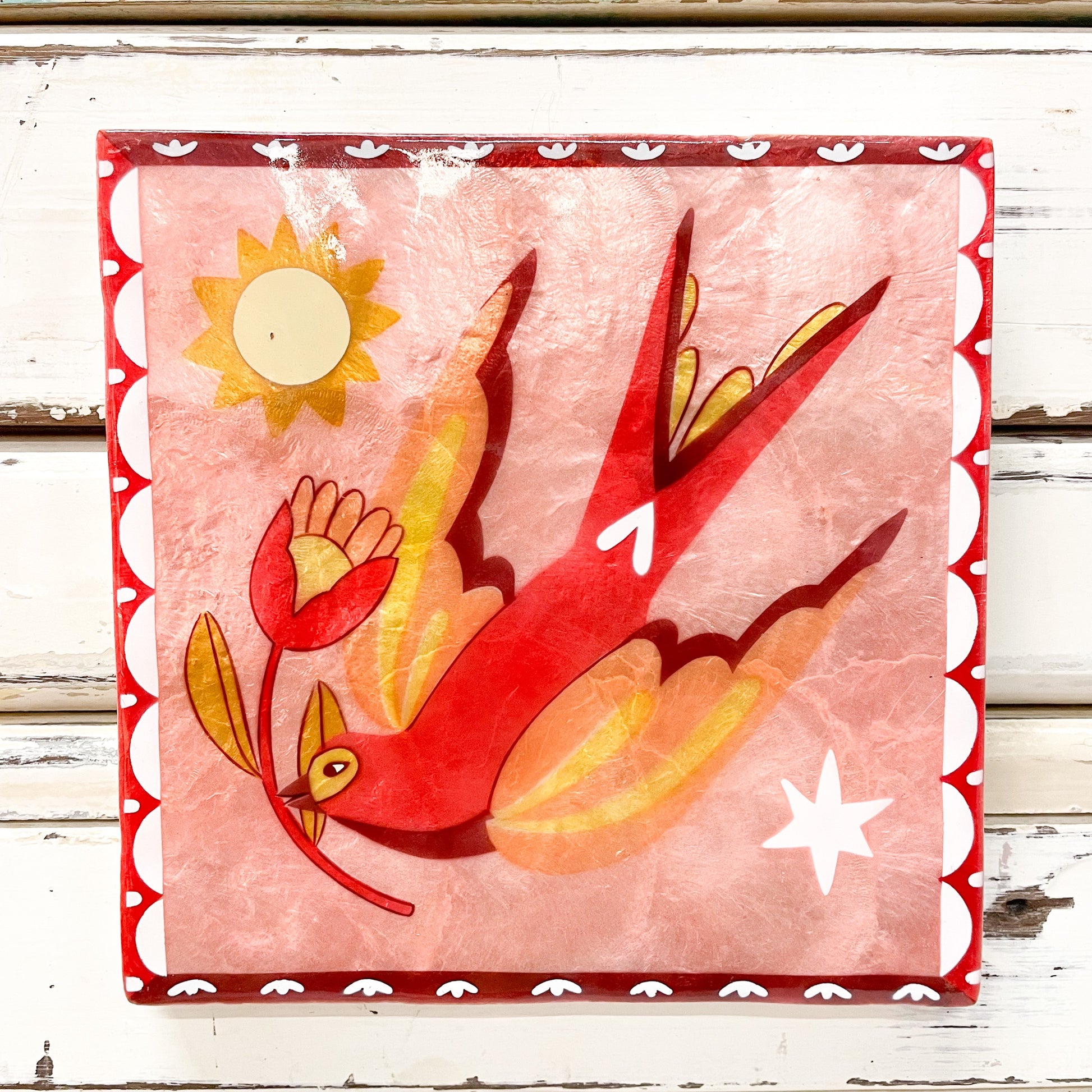 JONES AND CO PINK BIRD CAPIZ TILE