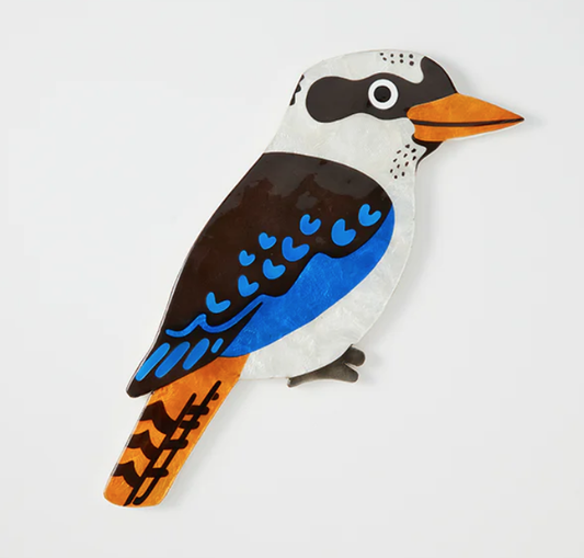 A hand-painted glossy Capiz shell wall tile in the shape of a Kookaburra bird with blue, black, orange, and white colours - Jones & Co - Aerial Kookaburra