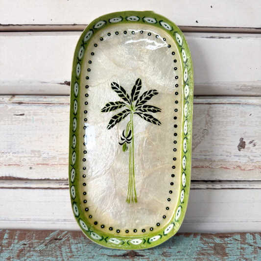 Decorative capiz shell plate with palm tree design Jones & Co - Atlantic Green Palm Tray