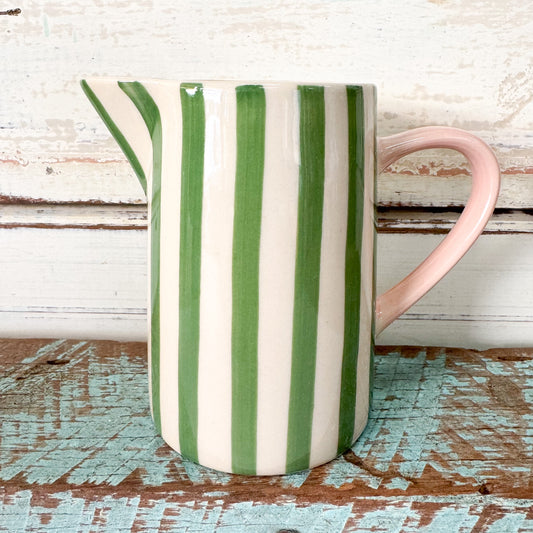 Green and white striped pitcher with a pink handle -Jones & Co - Bloomie Green Milk Jug