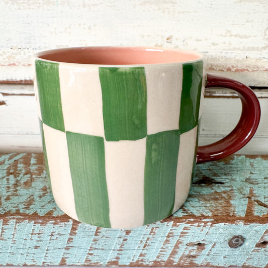 Checkered mug with green and white pattern - Jones & Co - Bloomie Green Stripe Mug