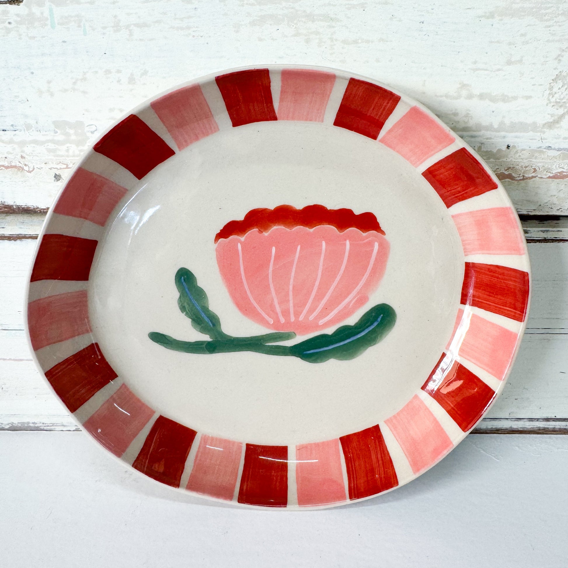 Ceramic plate with floral design and striped border -Jones & Co - Bloomie Pink Flower Dish