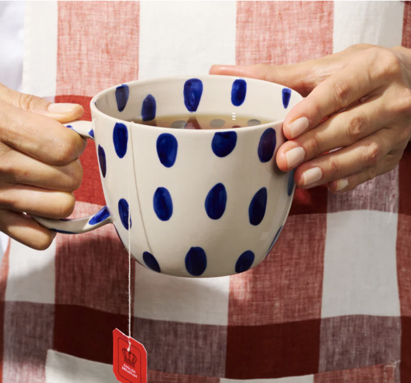 Person holding a polka dot mug with a tea bag over a checkered tablecloth Jones & Co - Boss Chino Mug - Blue Spot