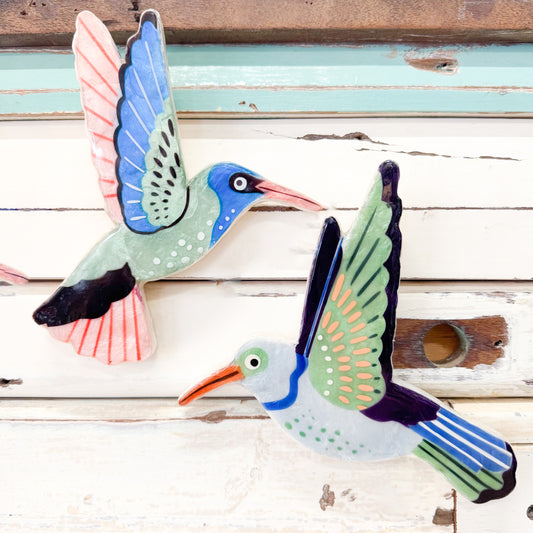 Two colourful hummingbirds made out of shiny capiz shell - Jones & Co - Canopy Hummingbird Set/2
