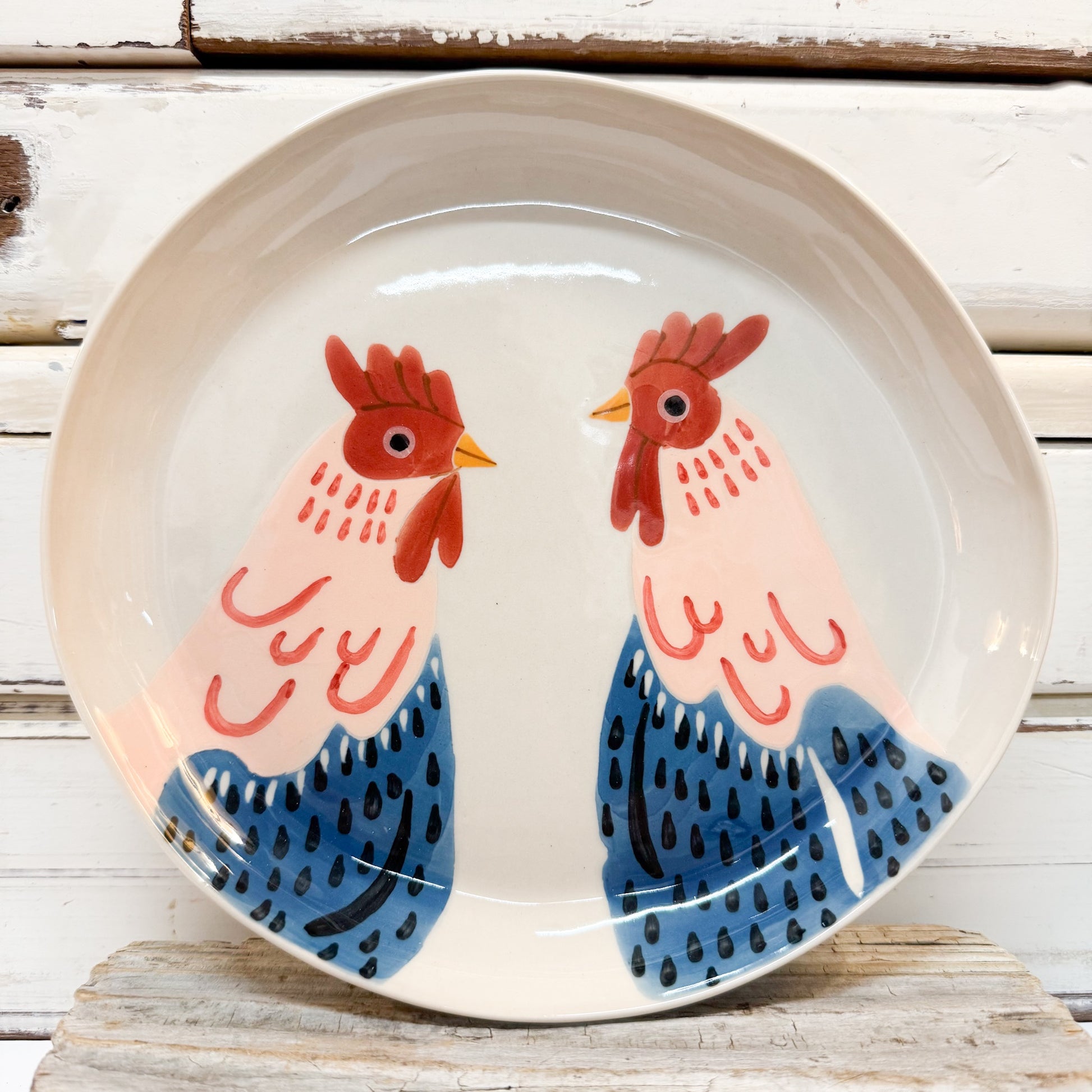 Ceramic plate with two colorful rooster designs -Jones & Co - Coop Barn Blue Plate