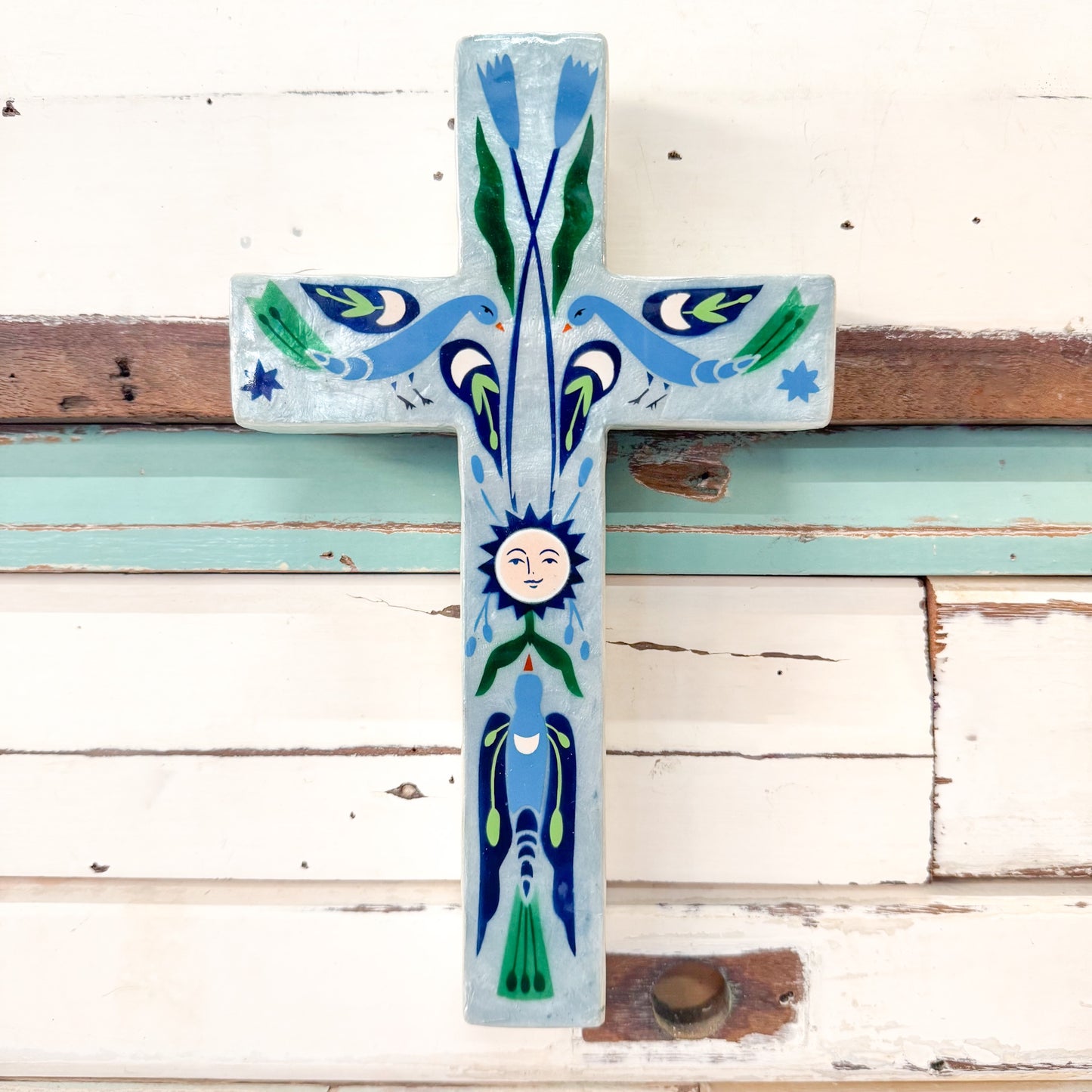 Decorative cross with artistic design. Jones & Co - Fable Blue Sun Large Cross